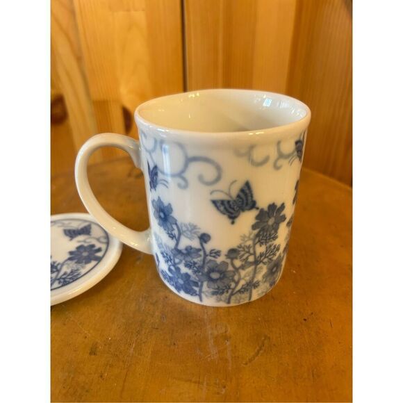 Vintage Windward Training Co Japan Blue & White Floral Coffee Cup Mug W/Cover Li - Picture 6 of 10